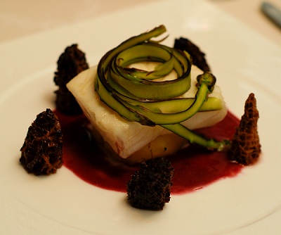 Halibut Beurre Rouge with Shaved Asparagus, Morels, and Heirloom Potatoes Halibut Beurre Rouge with Shaved Asparagus, Morels, and Heirloom Potatoes