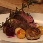 sous vide ribeye steak with beets and turnips