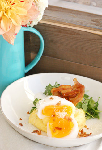 Sous Vide Soft Cooked Goose Egg served over Polenta with Pancetta & Greens