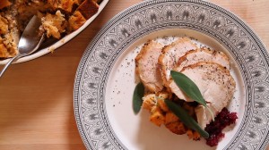 SousVide Supreme Sage Turkey with Savory Bread Pudding and Cranberry Shallot Sauce #sousvide