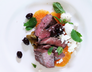 Merino Loin Fillets with Fennel Compote and Orange and Olive Salad